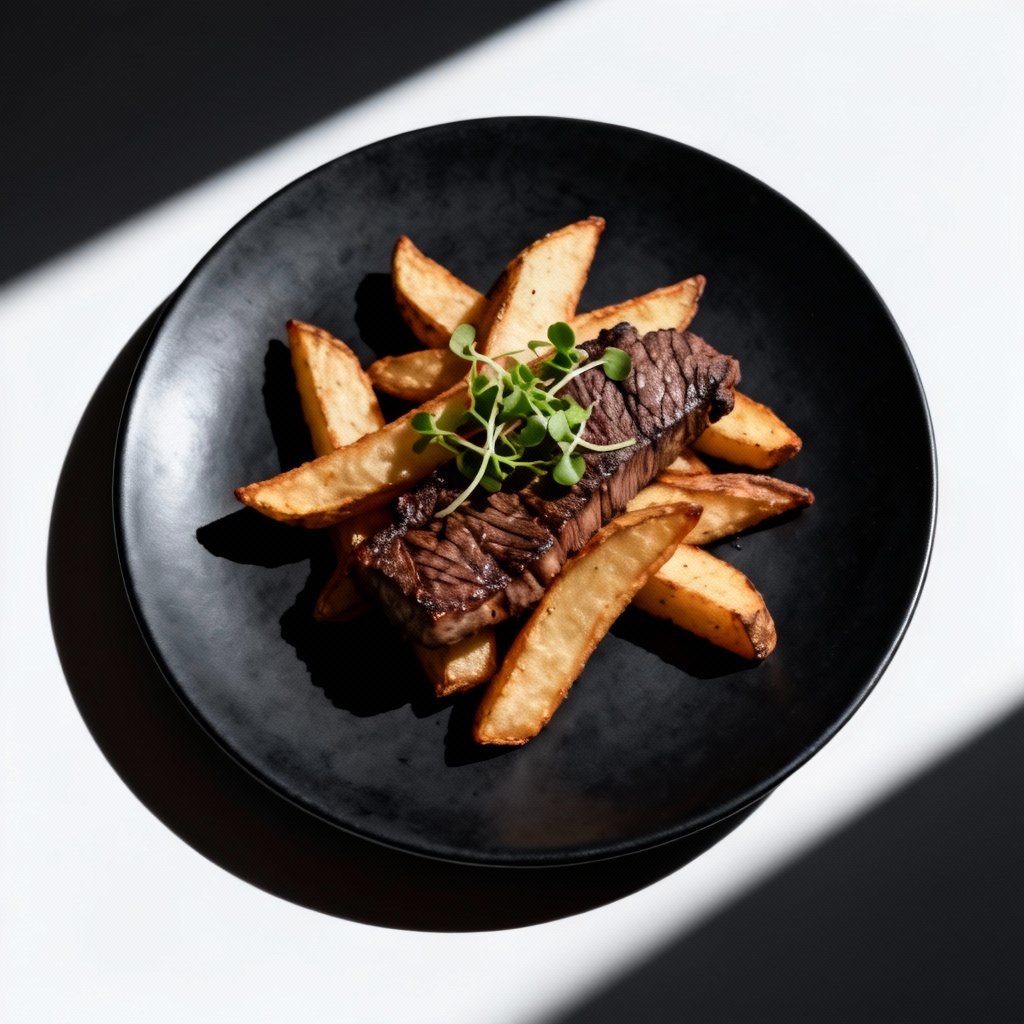 AI minimalist steak fries on black plate