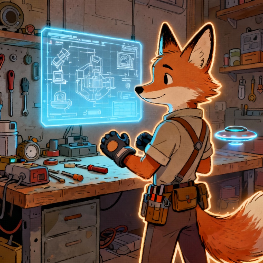 AI Sonic OC fox inventor posing in a gadget workshop