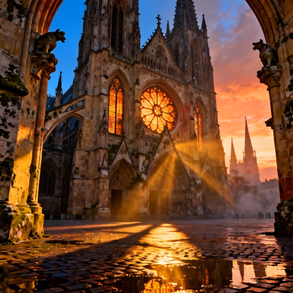 AI historical Gothic cathedral at sunset with flying buttresses