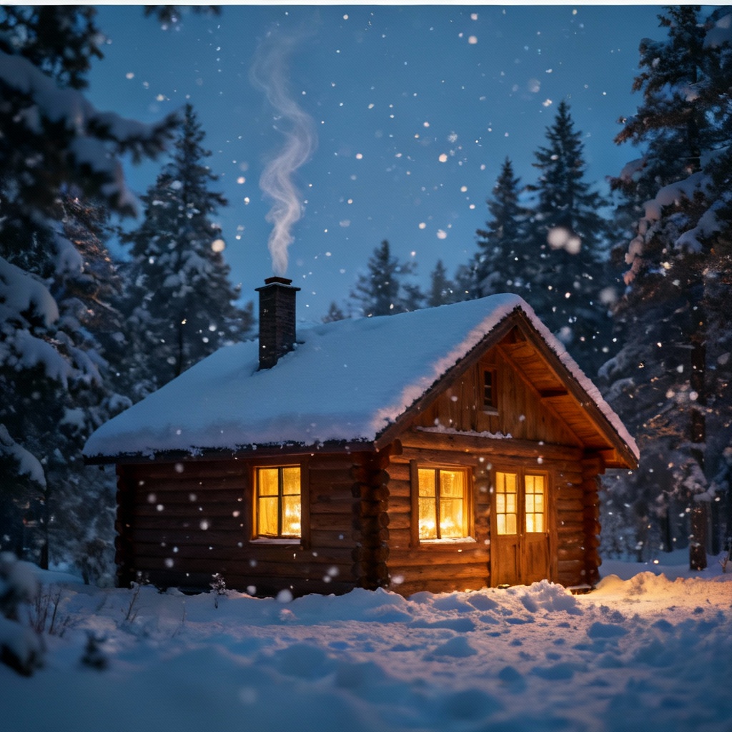 Cozy cabin winter background with snowy forest