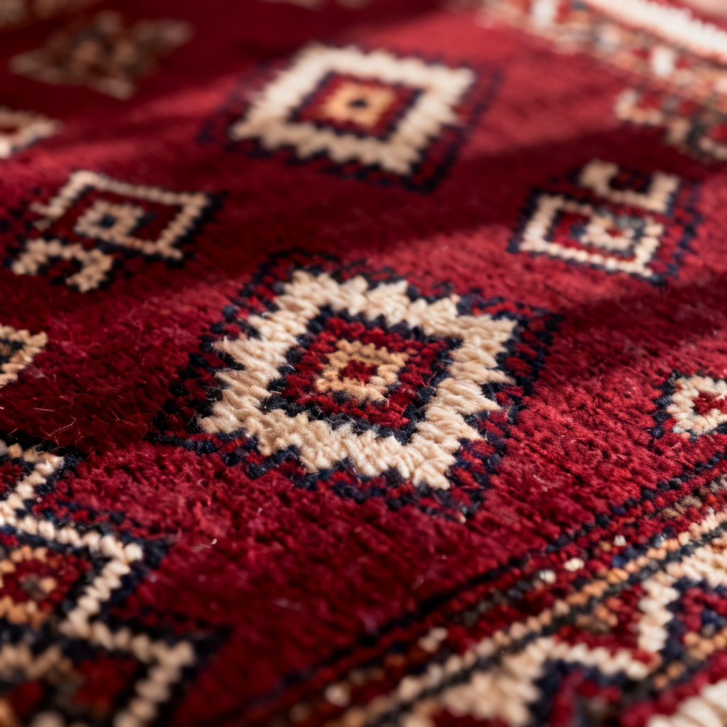 AI Turkmen carpet macro with red geometric motifs