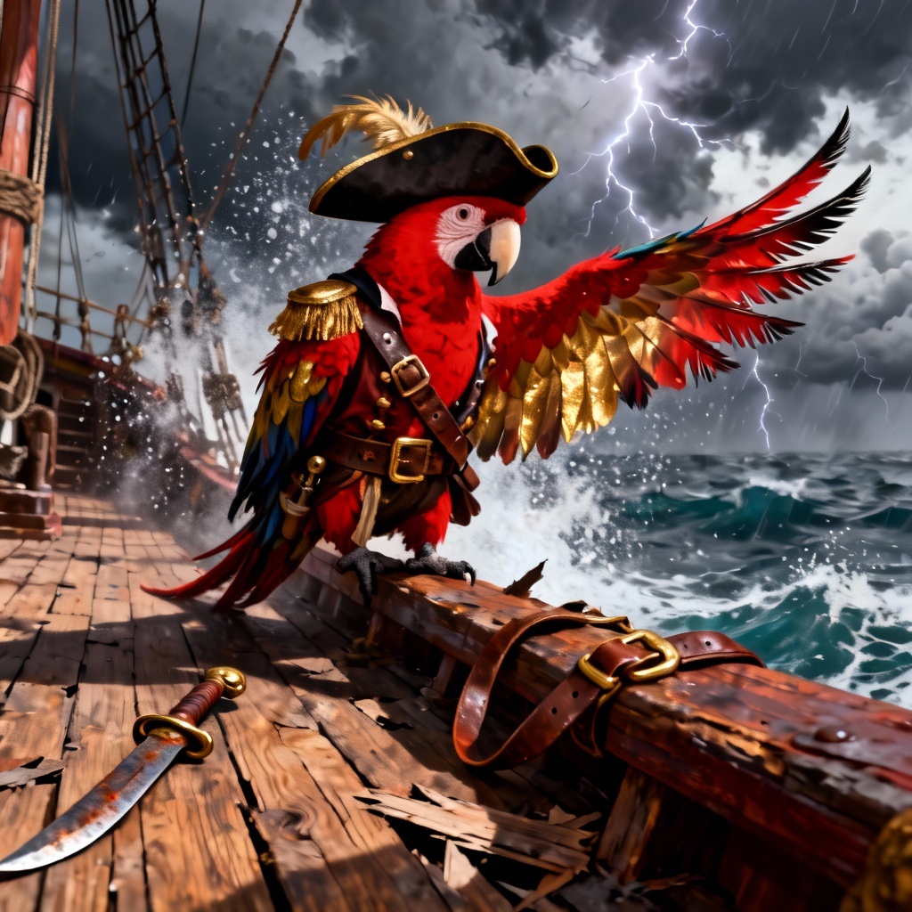AI pirate parrot cosplay on ship deck