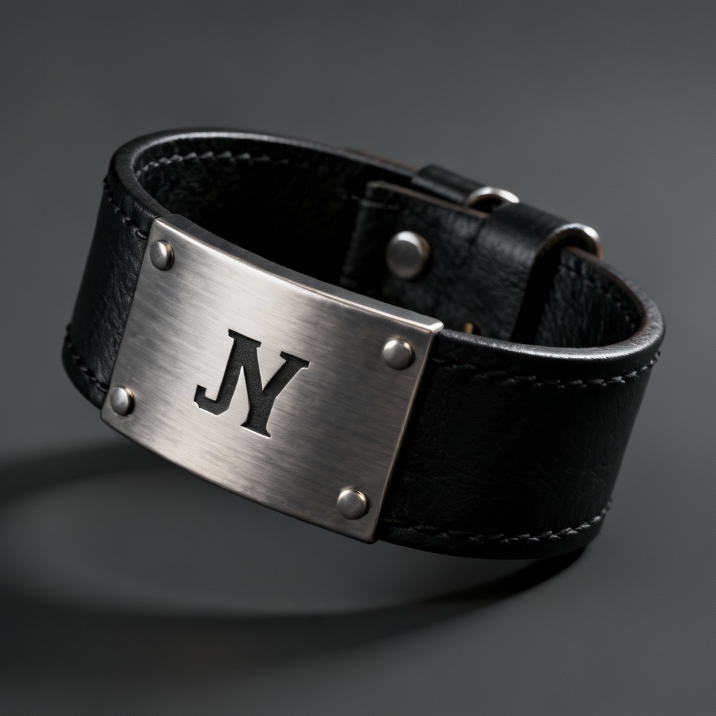 AI leather cuff bracelet with engraved plate