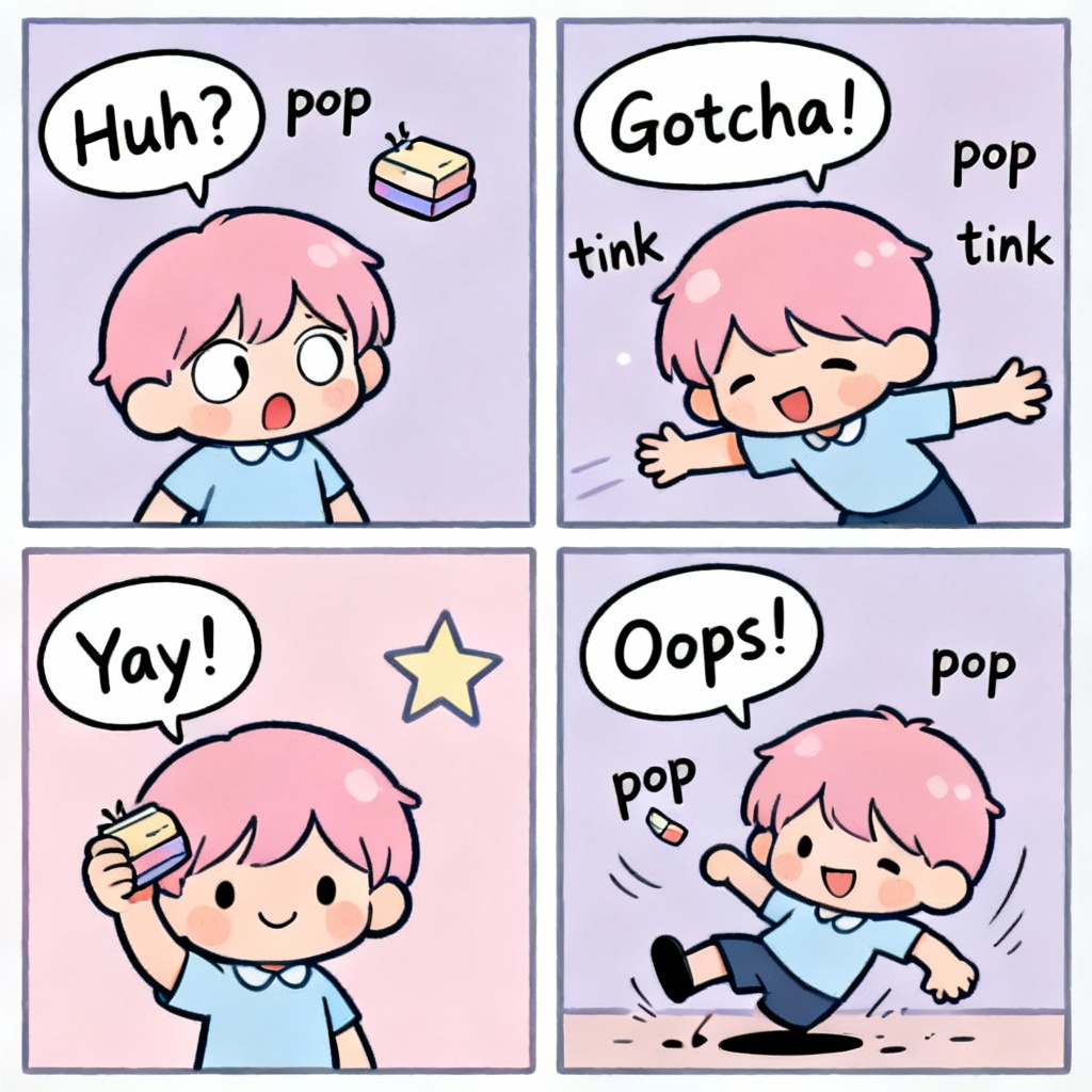 AI chibi 4-panel comic gag with cute expressions