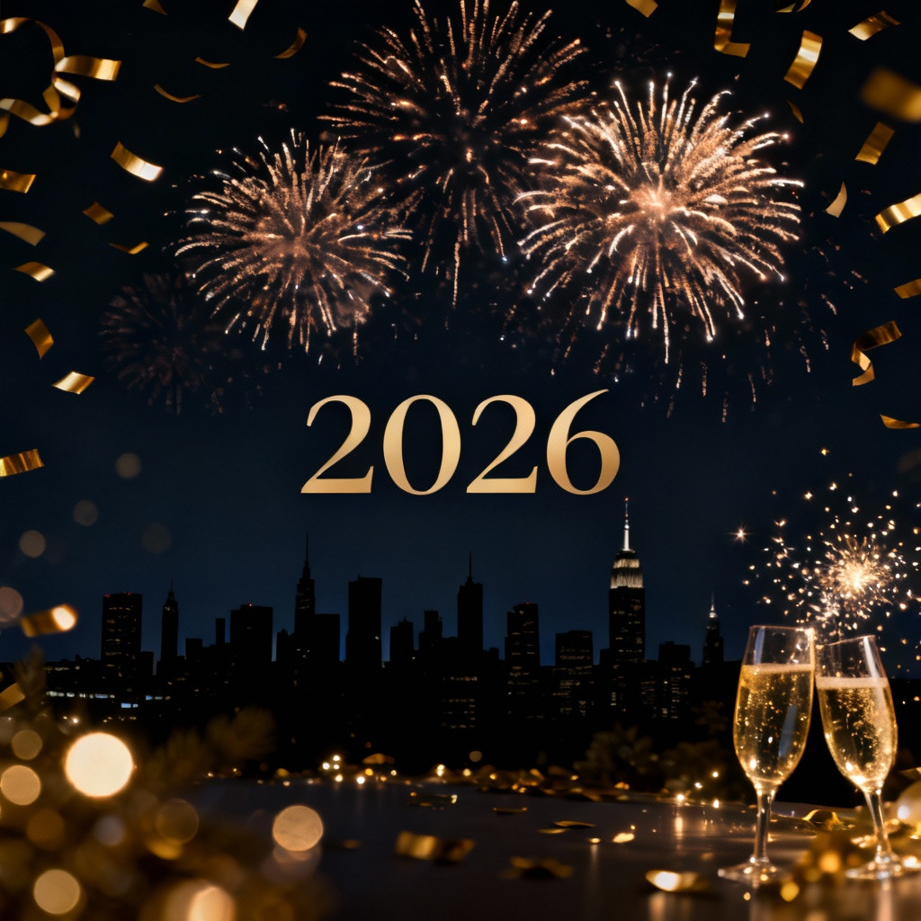 AI Happy New Year background with fireworks and gold confetti