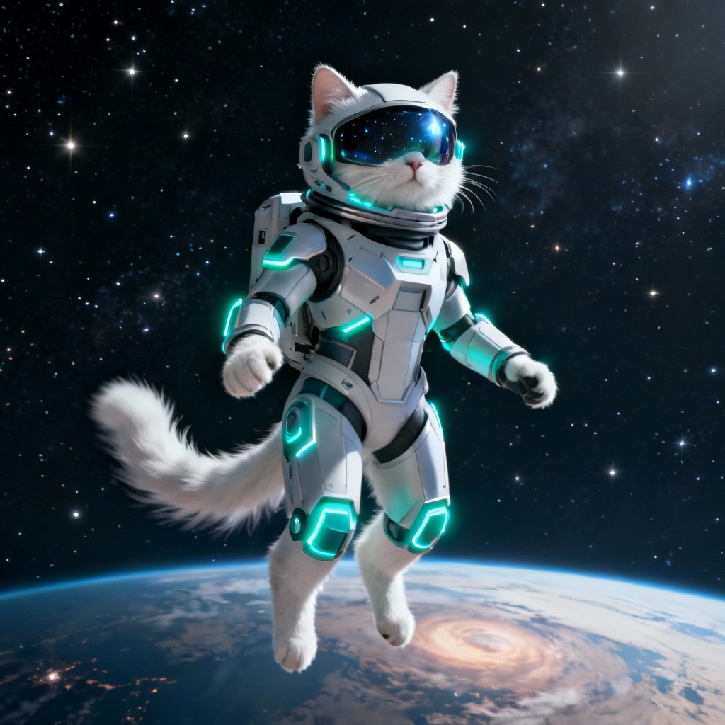 Anthropomorphic cat astronaut floating in space with planet backdrop