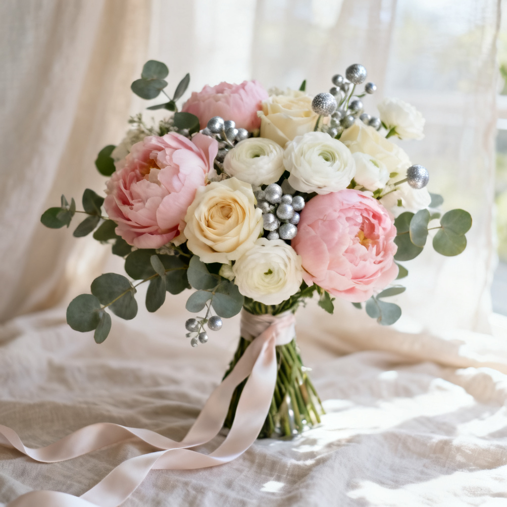 AI bridal pastel bouquet with peonies, roses, and eucalyptus