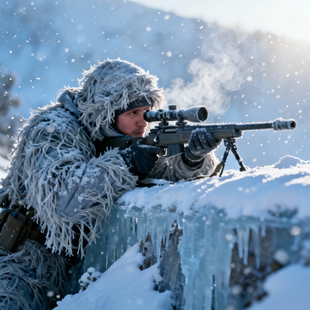 AI sniper in white ghillie suit in snowfield