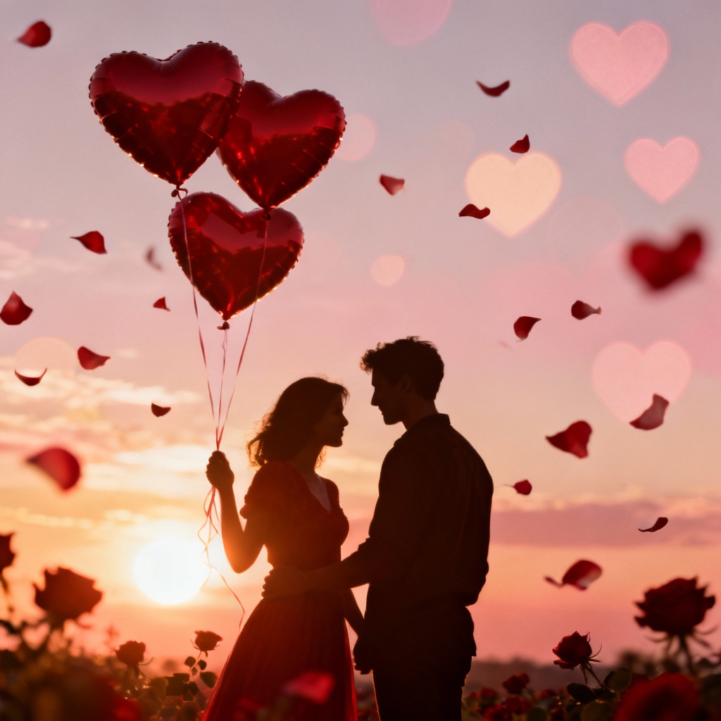 AI-generated valentines day image of a couple silhouette with heart balloons at sunset