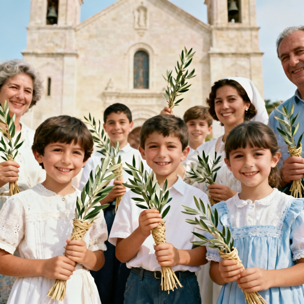 AI Palm Sunday 2026 scene with families holding palms