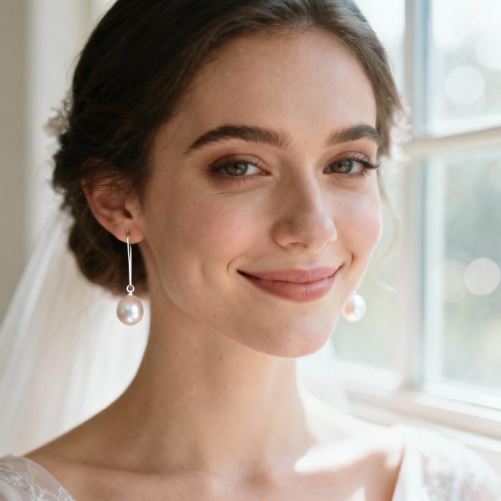 AI bridal pearl drop earrings on model