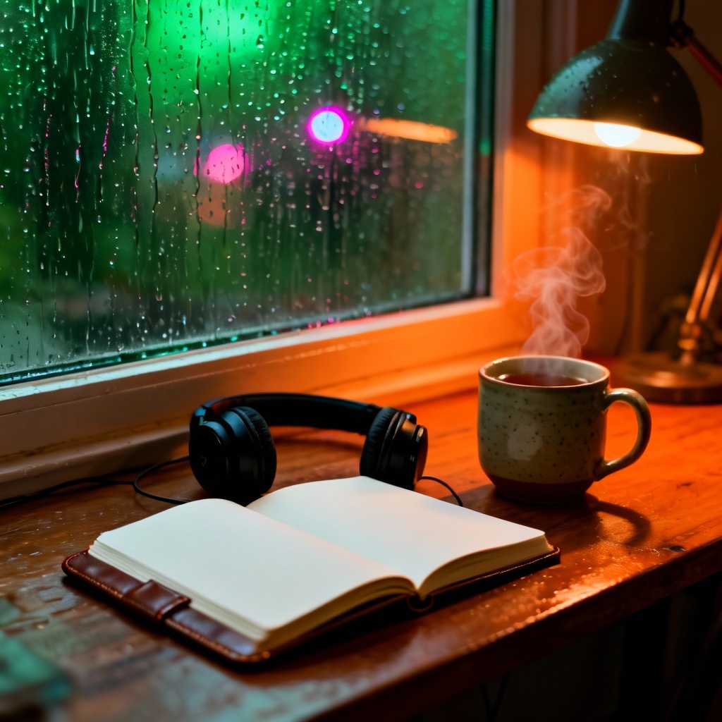 AI rainy window chill study artwork