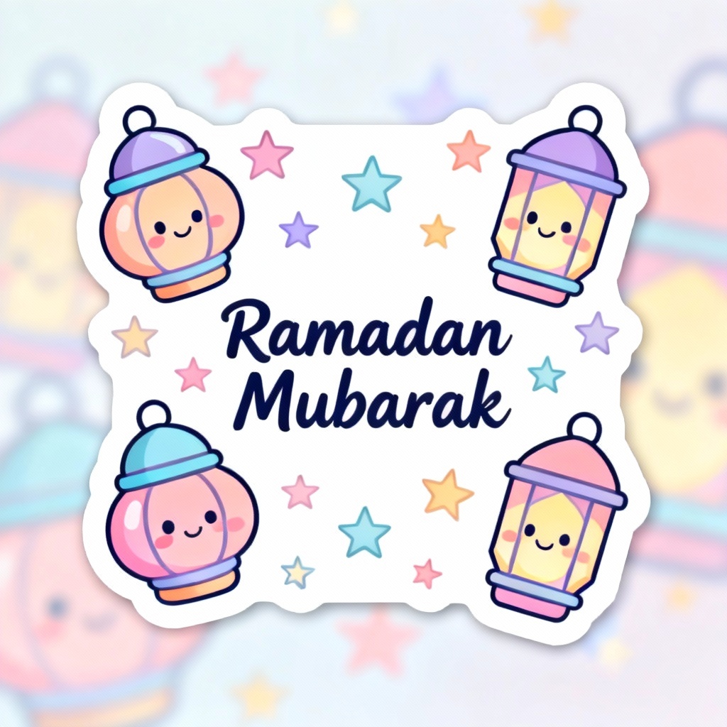 Cute kids Ramadan card with smiling lantern characters