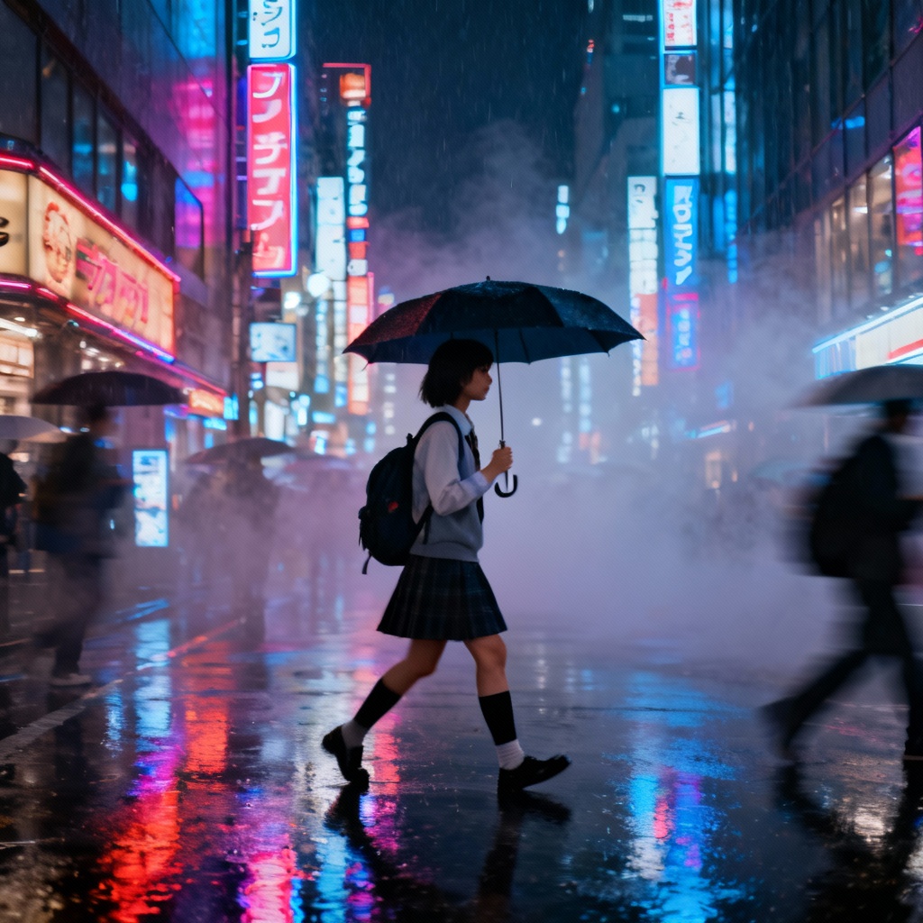 AI Tokyo night candid with cyberpunk atmosphere