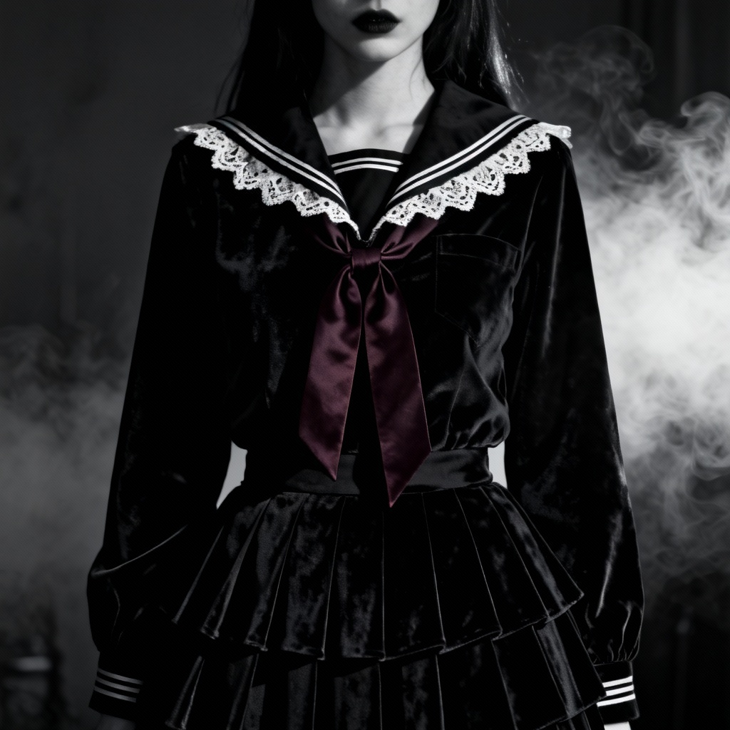 AI gothic black sailor suit with lace trim and dark ribbon
