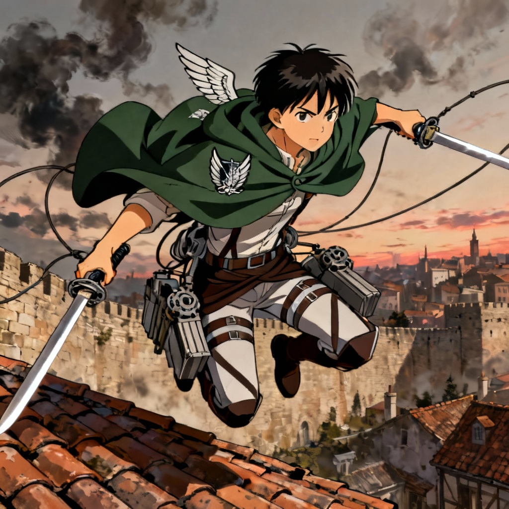 AI Attack on Titan rooftop hero pose