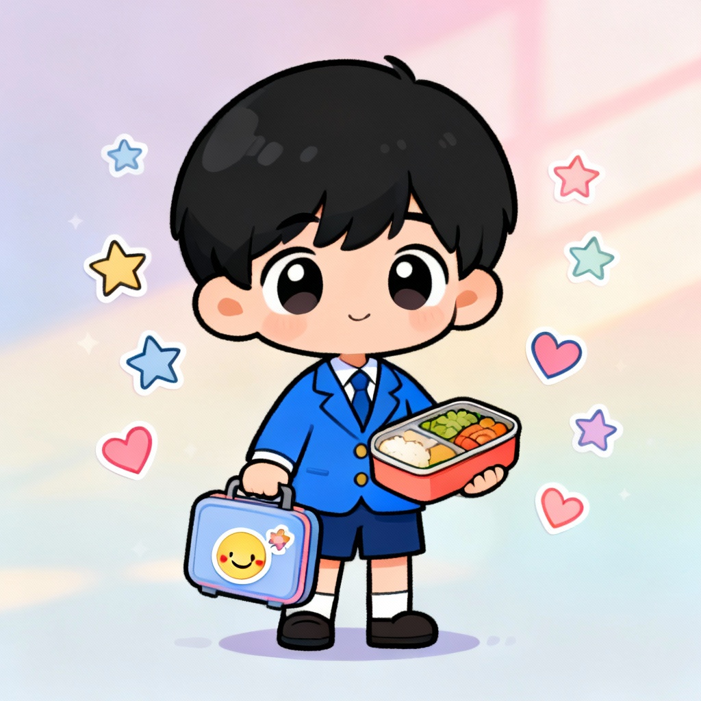 Chibi schoolboy holding a lunchbox and smiling