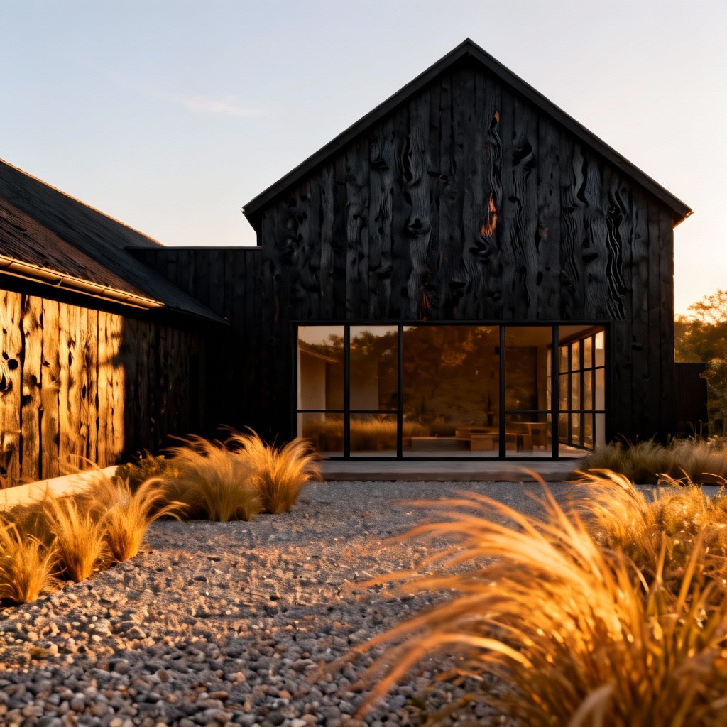 Contemporary barnhouse with blackened timber cladding at sunset