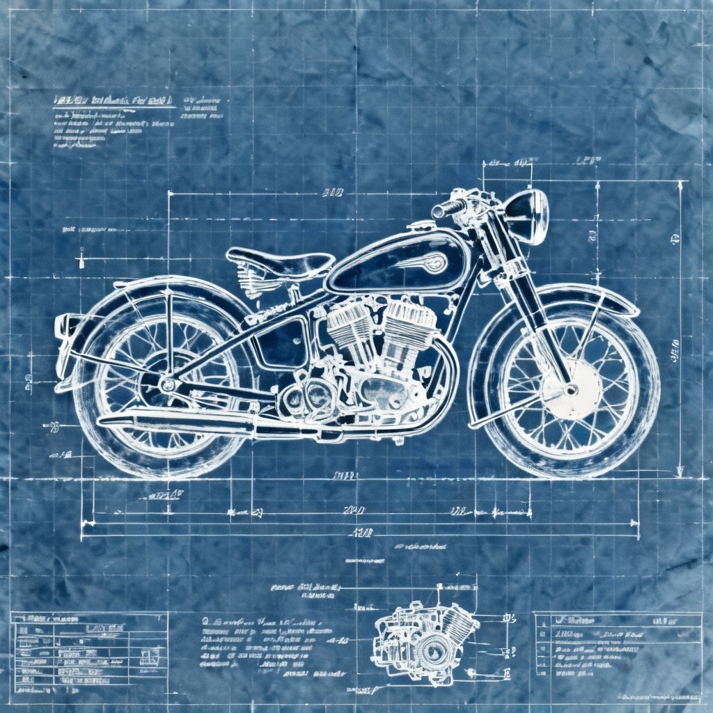 AI blueprint line art of a 1950 classic motorcycle side view