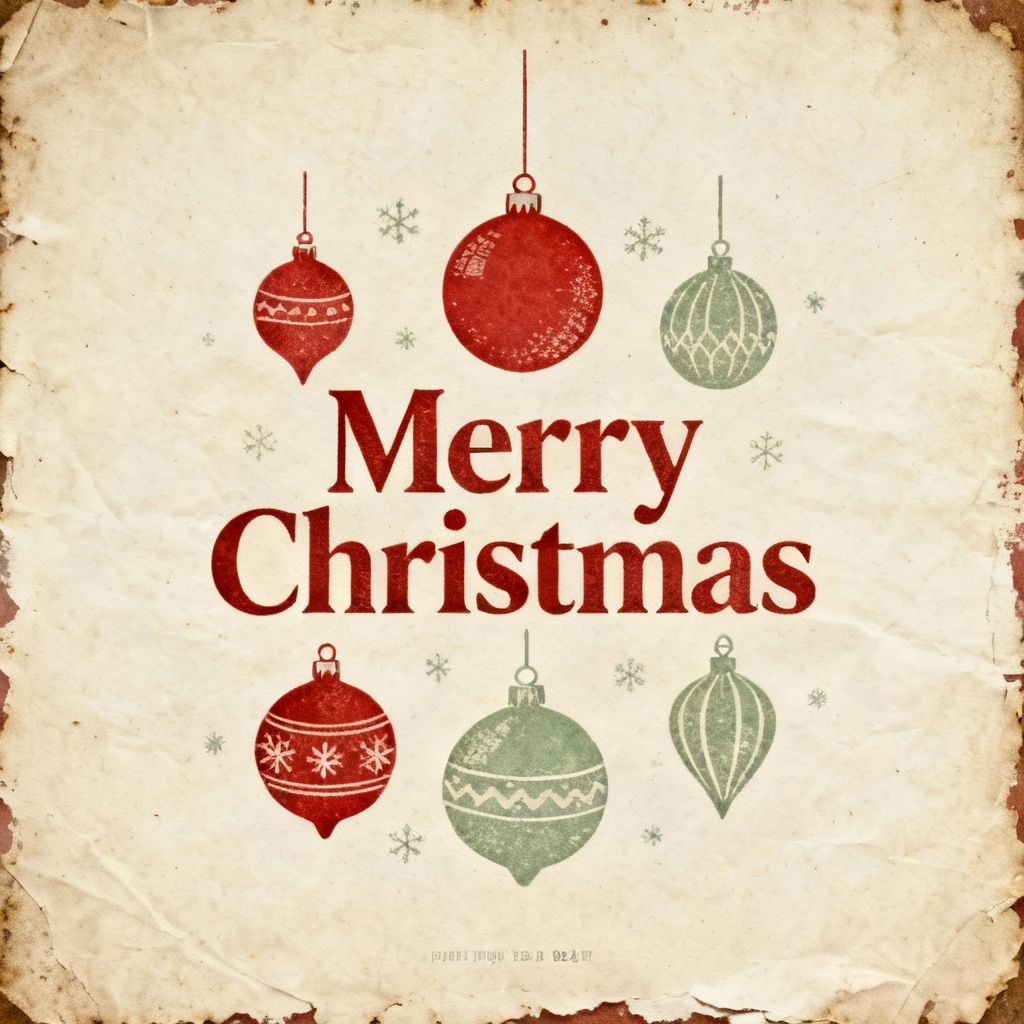 Vintage white Christmas poster with letterpress texture and retro ornaments