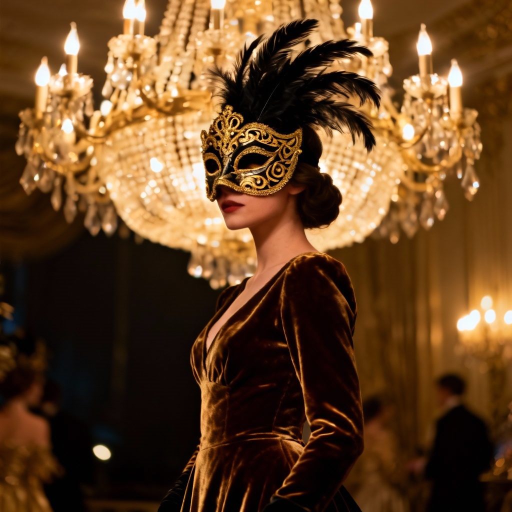 AI masked mysterious girl at a midnight masquerade ball