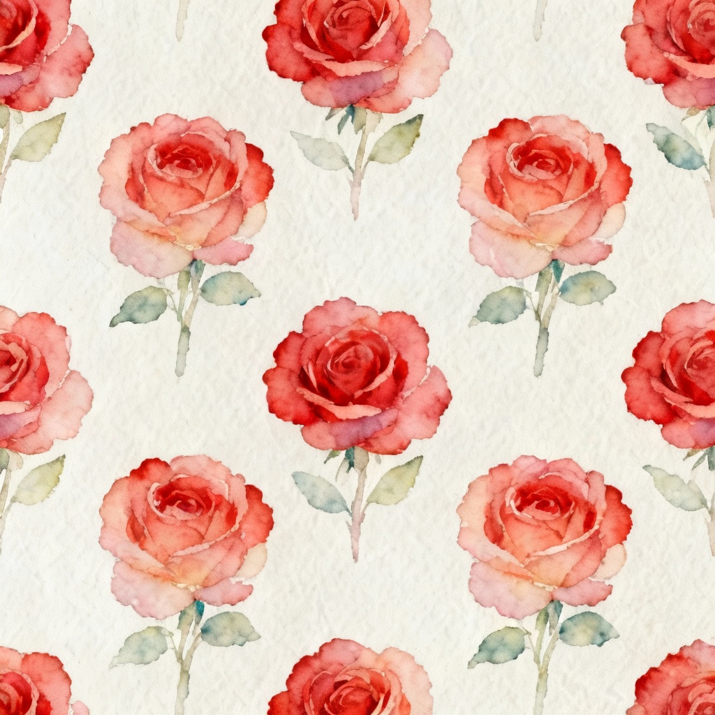 Seamless watercolor pattern of red roses and green leaves