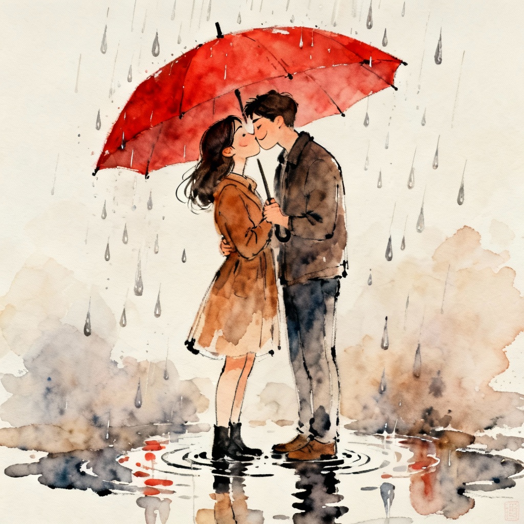 AI Watercolor Couple Umbrella Kiss
