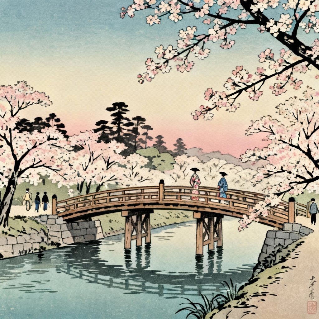 AI ukiyo-e cherry blossoms by a river with bridge