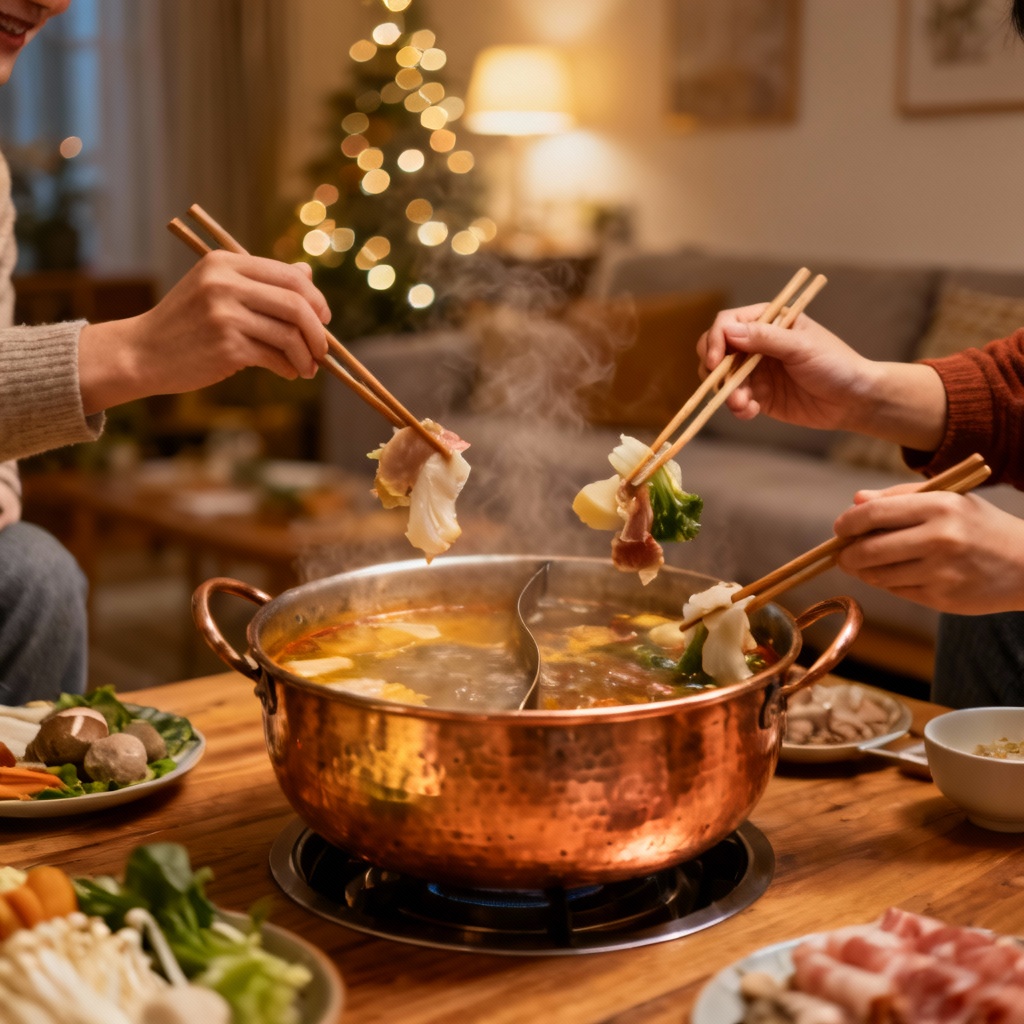 Warm family hotpot dinner scene at home