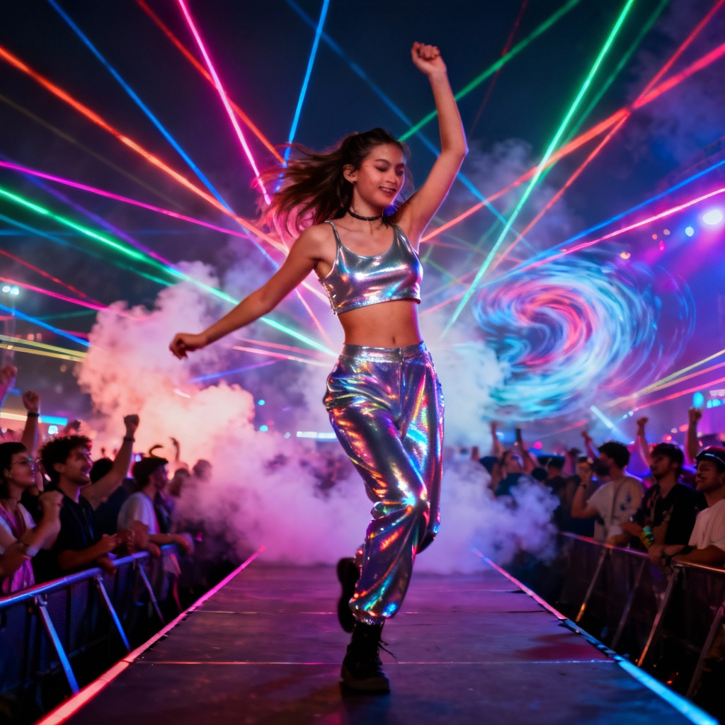AI dancing girl performer at EDM festival