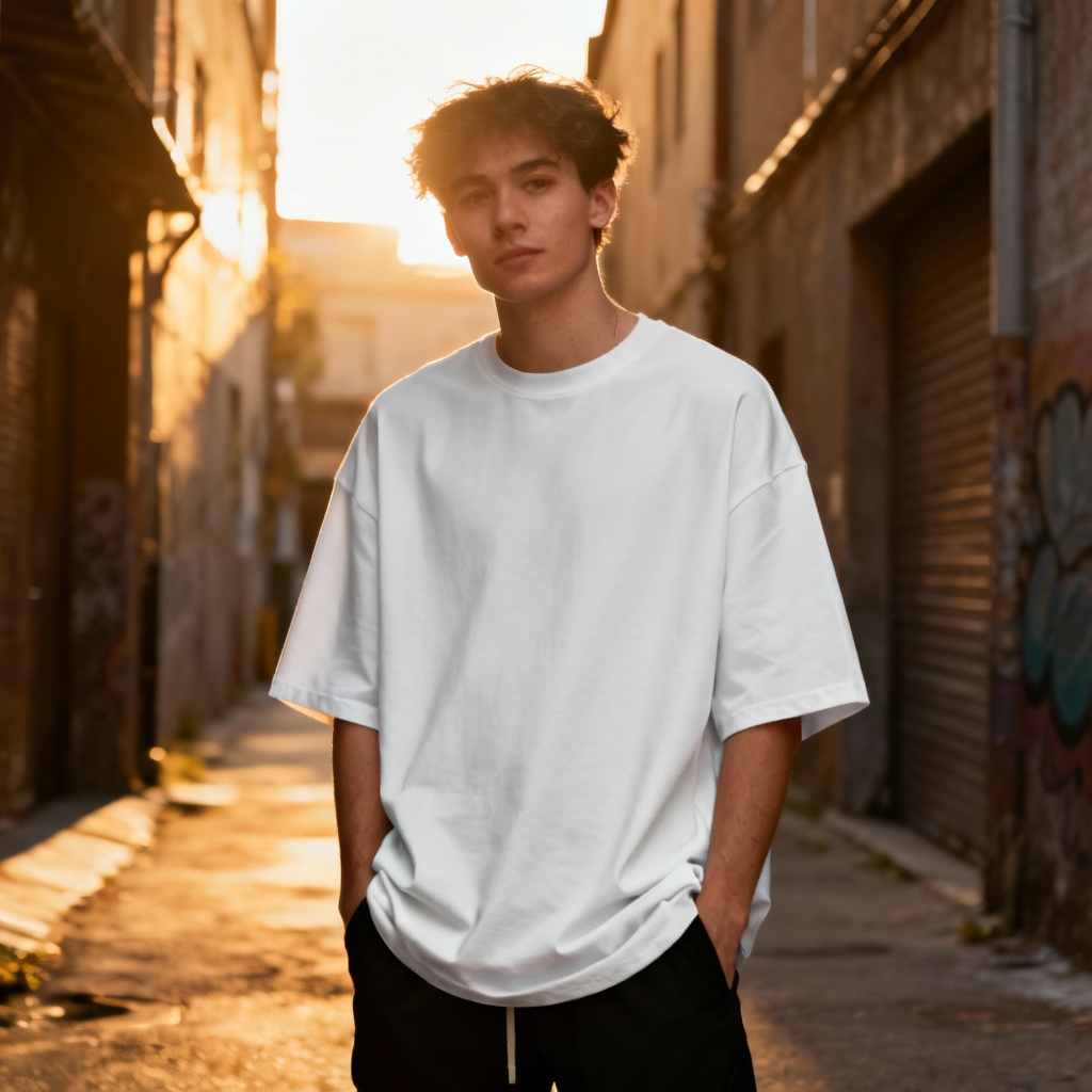 AI streetwear t-shirt model mockup in alley
