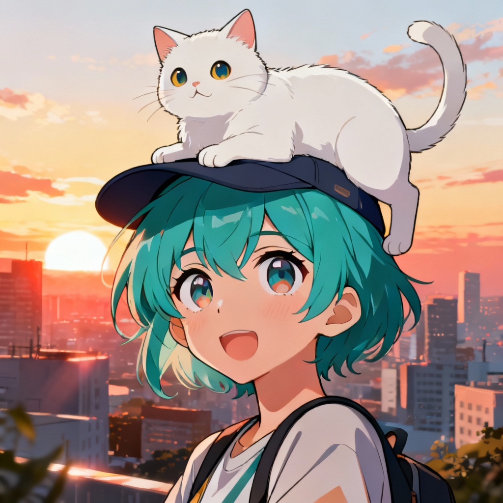 Anime cat on head character portrait