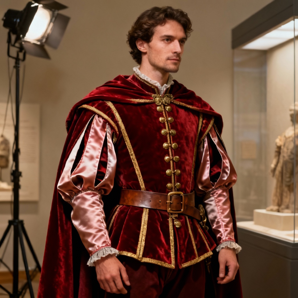 AI renaissance doublet and velvet cape with gold trim