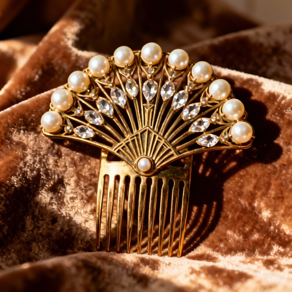 AI vintage pearl hair comb with art deco design