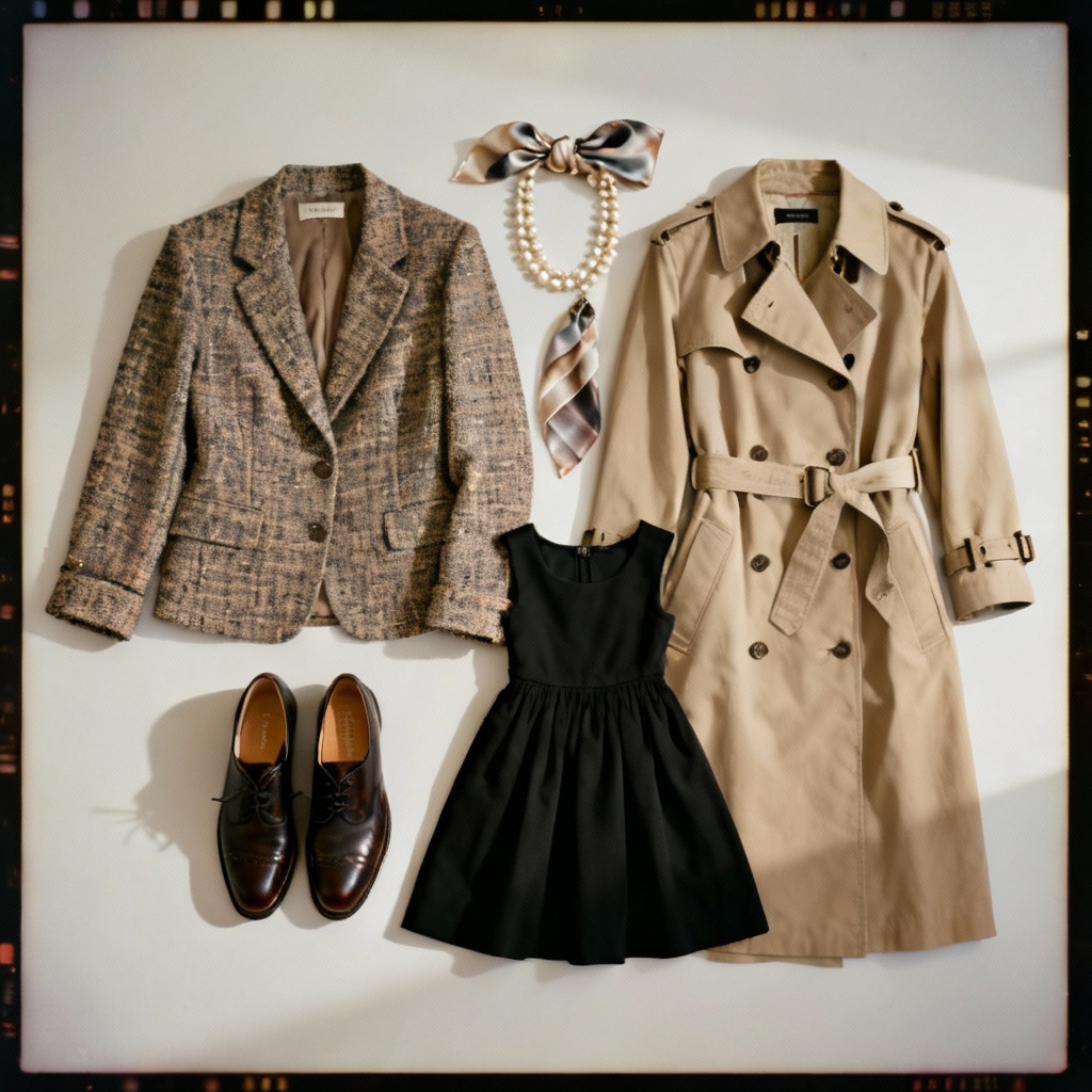 AI classic outfit moodboard with timeless wardrobe essentials