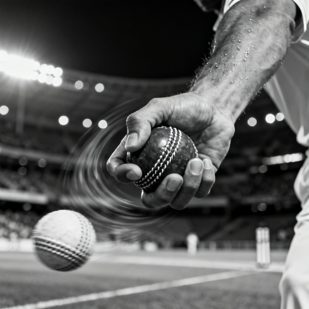 AI fast bowler release with seam position close-up