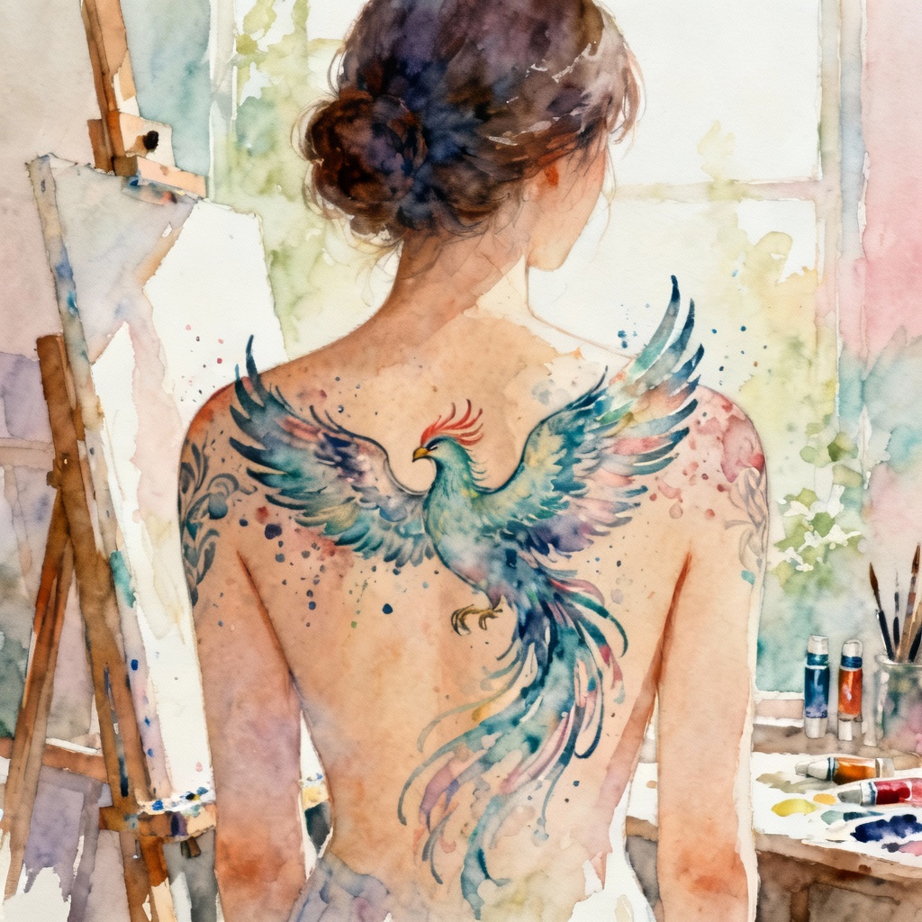 AI Tattoo Girl Watercolor Phoenix Back Piece