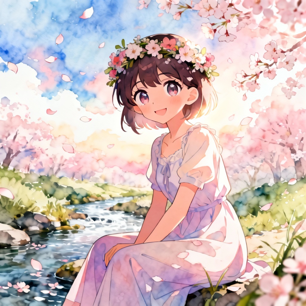 AI anime Ophelia in a pastel garden by a stream