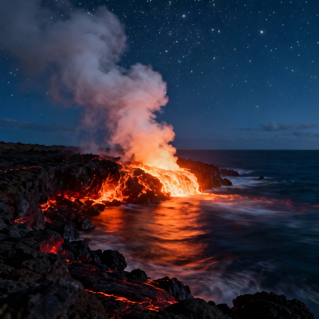 AI Big Island lava flow at night with ocean steam
