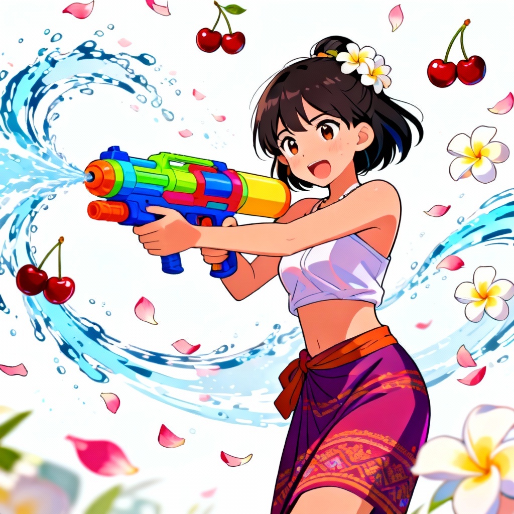 AI anime Songkran girl with water gun and blossoms