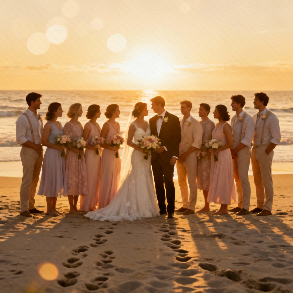 AI wedding party group photo at sunset beach