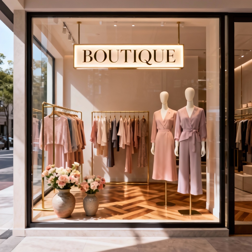 AI-generated modern boutique window display with pastel palette and gold racks