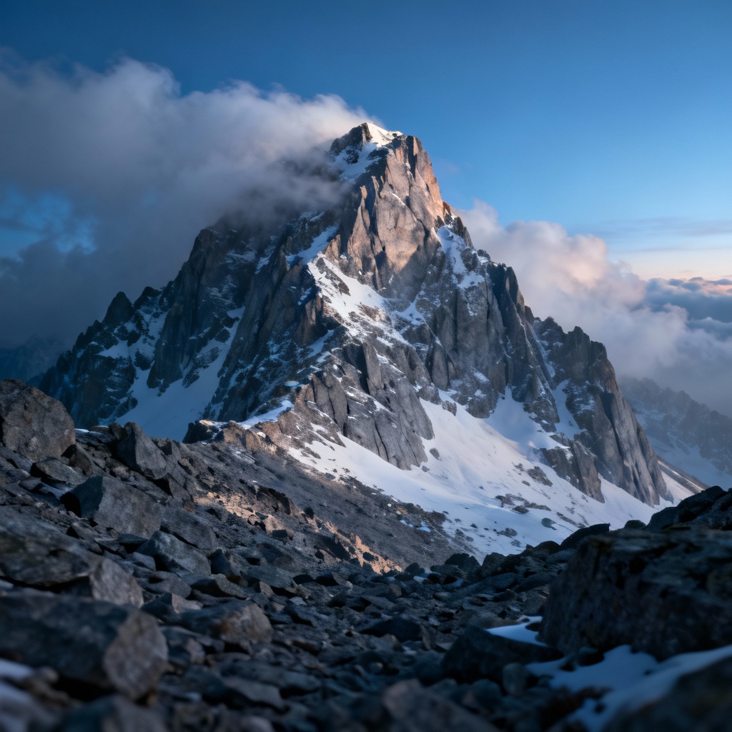 AI snowy granite mountain peak in cold light