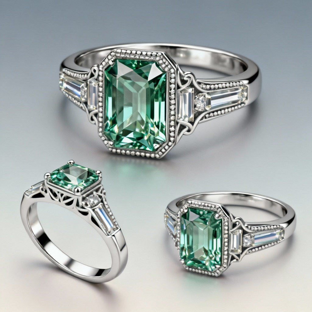AI art deco emerald-cut engagement ring with baguette sides