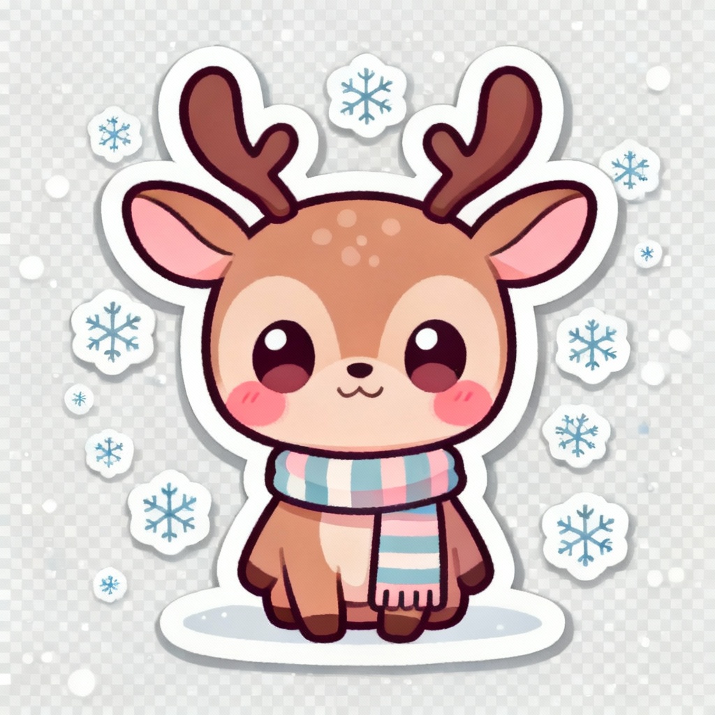 Kawaii reindeer Christmas sticker with scarf and snowflakes