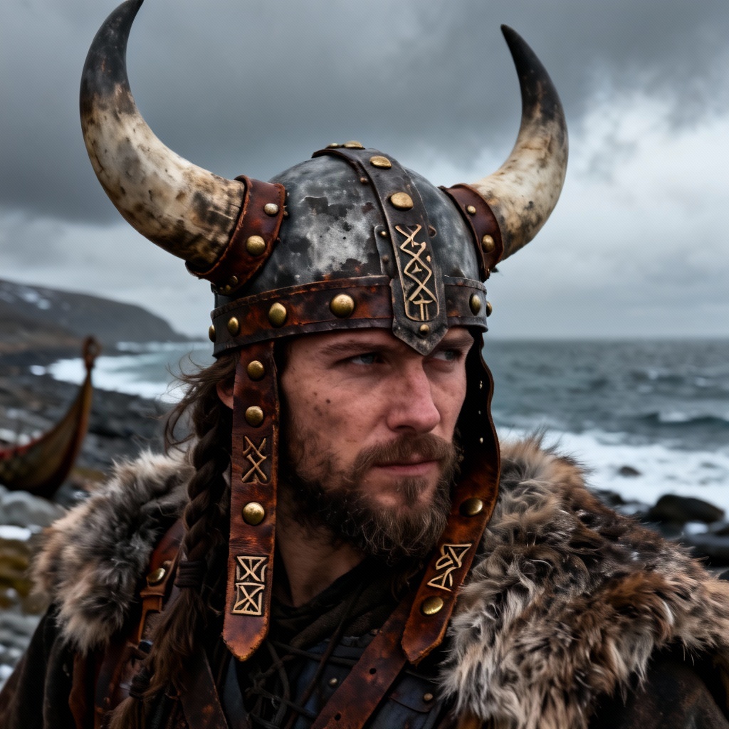 AI Viking horned headdress with leather and bronze