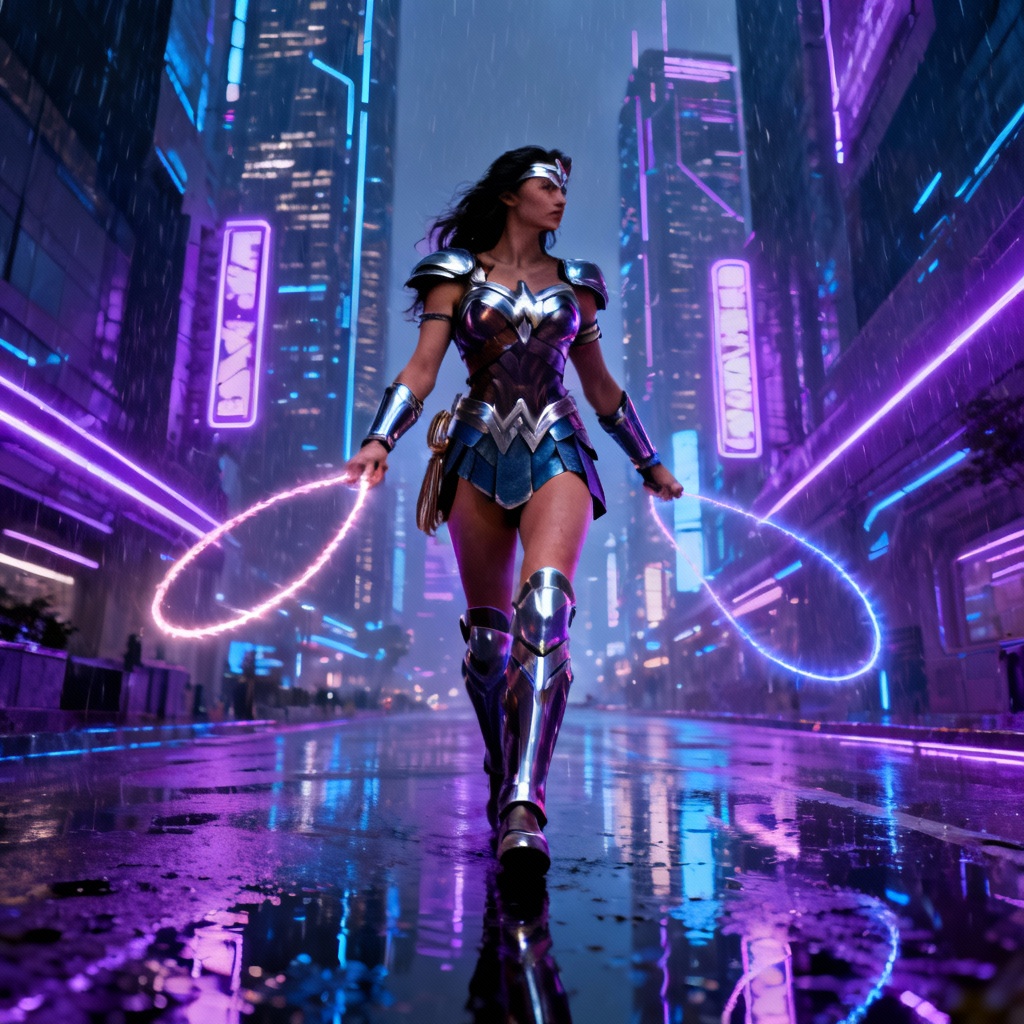 AI cyberpunk Wonder Women in neon city