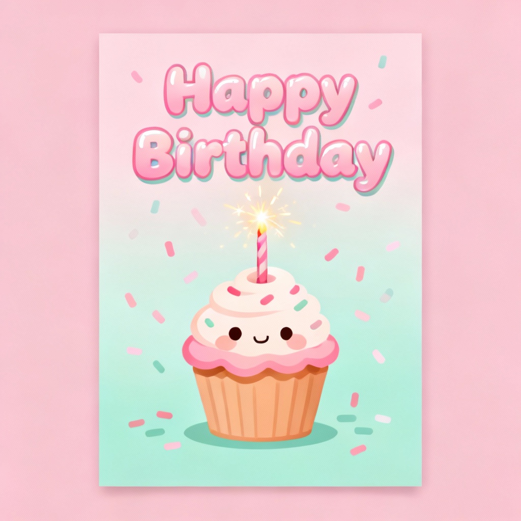 Kawaii cupcake birthday card with pastel colors and smiling character