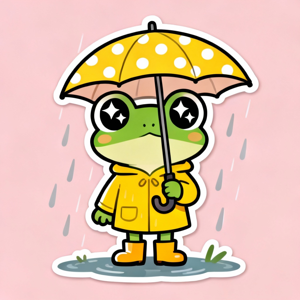 AI cute cartoon frog waving in a raincoat under umbrellas