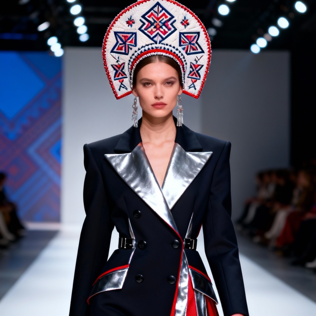 AI runway look blending Russian folk motifs and couture